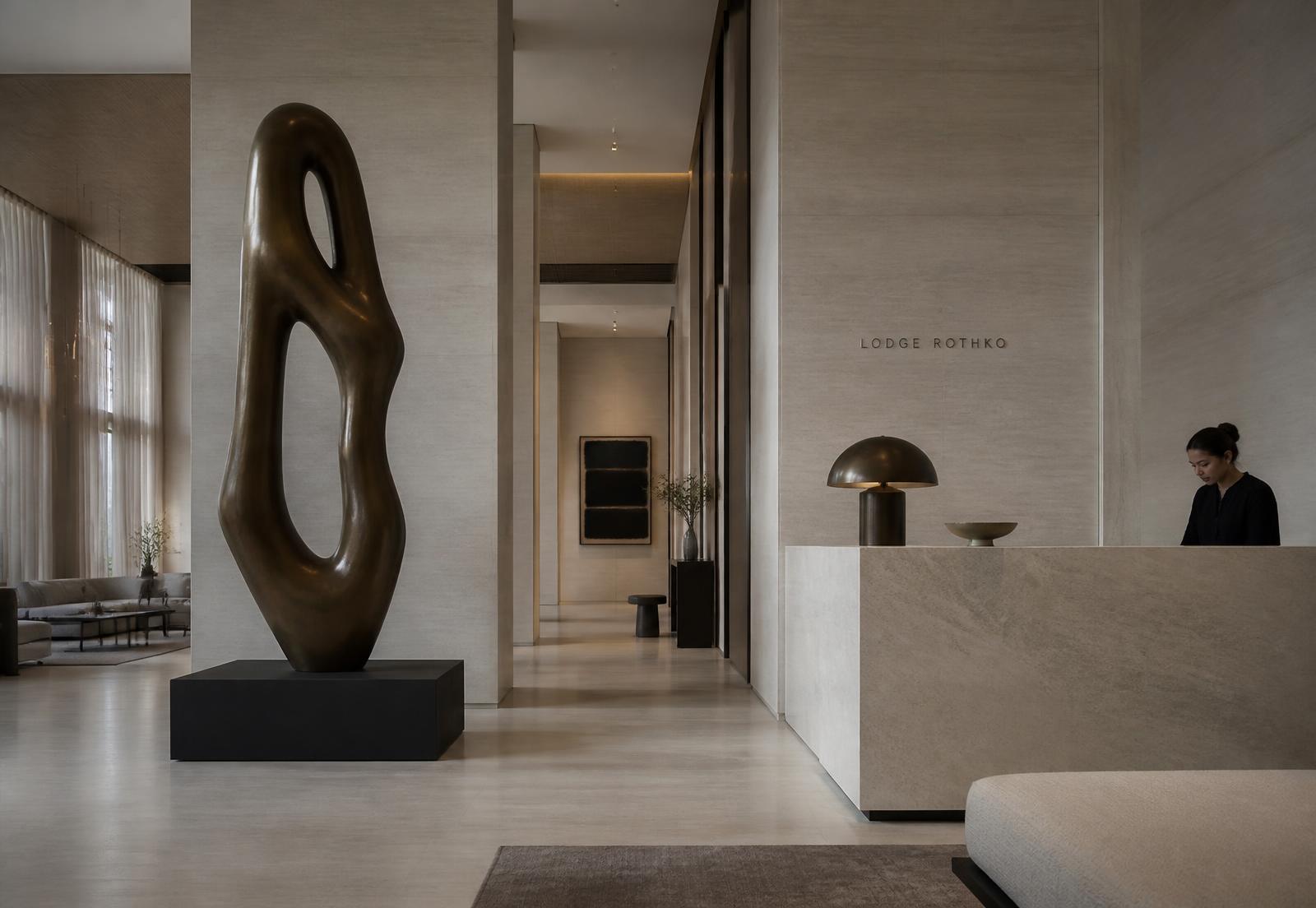 Hotel lobby with a large bronze sculpture as its focal point